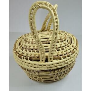 Wrapped Straw Basket Coiled Large Lid Handles Approx 11” X 11” Boho